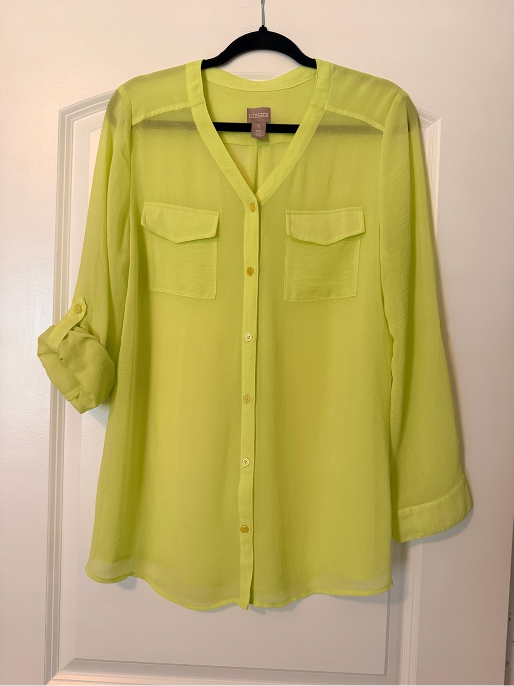 Chico's Neon Lime V-Neck Button-Down Blouse